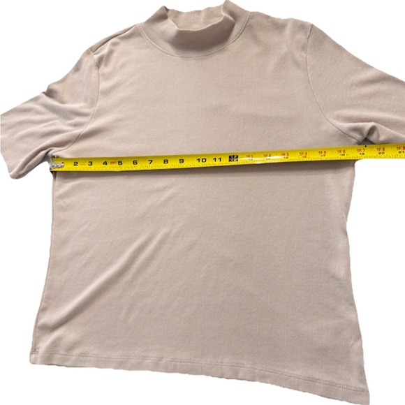Joie XL Mock Neck Rib Knit Short Sleeve Top Beige Pima Cotton Modal - Picture 5 of 6